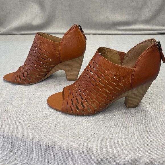 Franco Sarto A-Salito Heels Tan Leather Cut Outs Peep Toe Women's Size 6 - Picture 3 of 12